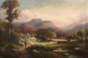 Figures On A Path In A Mountainous Landscape With A Cottage In The Distance
