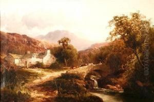 A Cottage In A Mountainous Landscape Withcattle Crossing A Stone Bridge