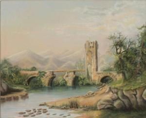 Bridge And Tower Ruins With Mountains Beyond
