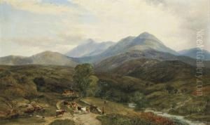 A Drover And Cattle On A Road In A Mountainous Landscape by George Shalders