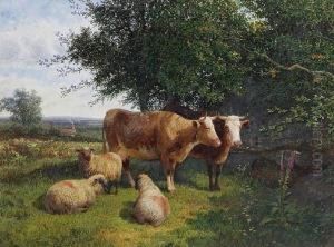 Cattle And Sheep In Summer Pastures by George Shalders