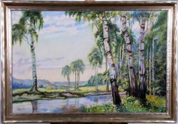 Summer Landscape With Pond And Distant Mountains Some Surface Abrasions - view 1