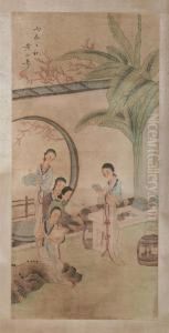 Female Scholars In Courtyard by Huang Shanshou