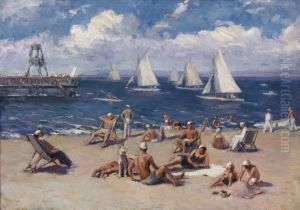 Beach Scene With Sailboats by Boris Shaposhnikov