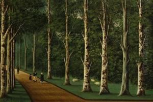 Figures Walking Down A Tree-lined Avenue by Caroline Paterson