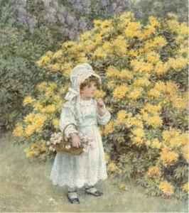A Little Girl Carrying A Basket Of Flowers Before An Azaleabush by Caroline Paterson