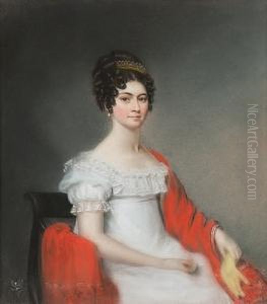 A Young Lady In A White Regency Dress With A Red Shawl; A Seated Lady In A White Regency Dress With A Blue, Red And White Shawl, Two - view 1
