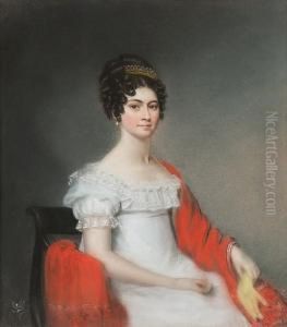 A Young Lady In A White Regency Dress With A Red Shawl; A Seated Lady In A White Regency Dress With A Blue, Red And White Shawl, Two by Ellen Wallace Sharples