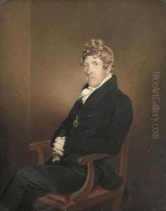 Portrait Of A Gentleman,seated On A Chair; And Portrait Of A Lady With A Red Shawl by James Sharples