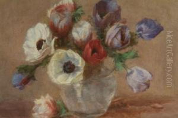 Still Life, Anenomes In A Glass Vase, Signed Lower Right, Watercolour, 25cms X 33.5cms See Illustration - view 1