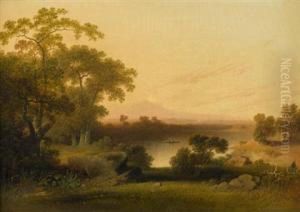 Figures Boating On A Lake by Joshua Shaw