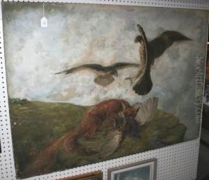 Study Of Two Buzzardsswooping On A Fox Eating A Pheasant On A Cliff-top by William Shaw
