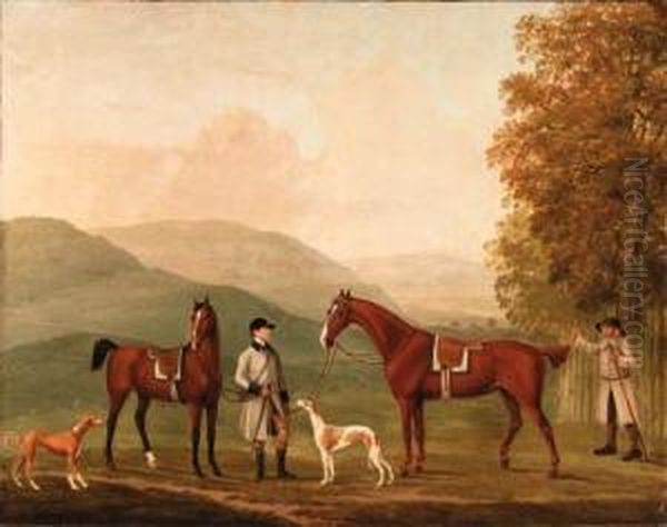 The Hunting Conversation, Two Hunters Held By A Huntsman With Acouple Of Hounds In A Landscape - view 1
