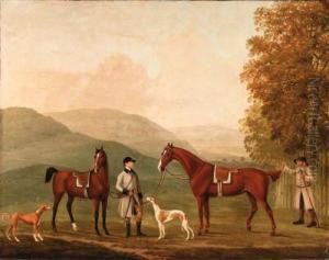 The Hunting Conversation, Two Hunters Held By A Huntsman With Acouple Of Hounds In A Landscape