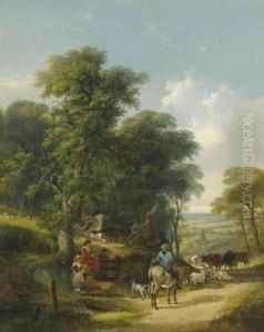 A Herdsman With Cattle And Sheep On A Country Road, Passing Cottages