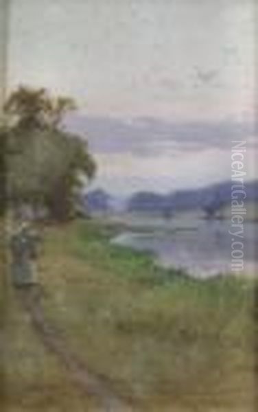 River Landscape With Figure On Path To Foreground - view 1