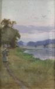 River Landscape With Figure On Path To Foreground by Thomas Fred. Mason Sheard