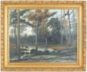Landscape With Deer Drinking From A Stream by Christopher H. Shearer