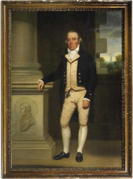 Portrait Of William Senhouse, Full-length, In A Buff Waist-coat And Breeches With A Black Coat And White Stock, Standing Beside A Column In An Interior, A View Of A Landscape With A Church Spire - view 1