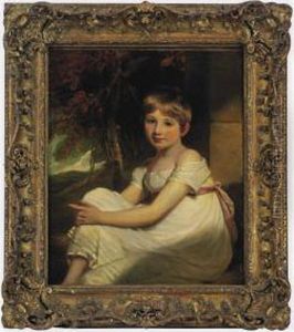 Portrait Of Miss Frances Sophia Hunter, Three-quarter-length, Seated In A Wooded Landscape In A White Dress With A Pink Sash With Identifying Inscription On An Old Label (on The Reverse) by Martin Archer Shee