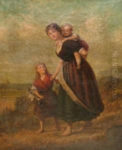 Attributed To Andries Sheerboom, Dutch -- Mother And Children On A Coastal Path, With Distant Fishermen Heading Out To Sea by Andrew Sheerboom