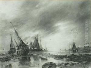 Fishing Boats And A Three Masted Frigate On Calm Waters And A Companion Piece Of Beached Fishing Vessels by George Sheffield