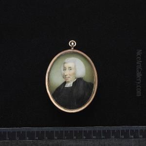 A Cleric, Wearing Black Robes, White Bands And Powdered Bag Wig.
