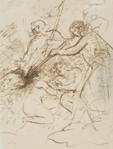Mythological Scene With A Sleeping Couple Defended By Figures Withlances: Double-sided by Samuel Shelley
