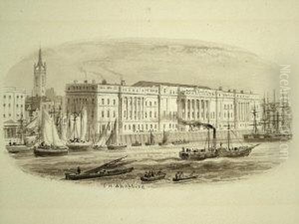 "the Customs House, London, With Shipping On The River";watercolour In Monochrome, Signed, 6x11cm - view 1