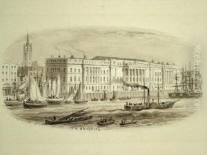"the Customs House, London, With Shipping On The River";watercolour In Monochrome, Signed, 6x11cm by Thomas Hosmer Shepherd