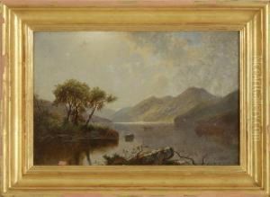 Lake George With Sailboat, Three Figures In A Rowboat, And Mountainous Background