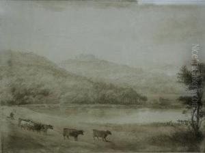 Cattle And Drover By A Lake, Castle On A Hillside Beyond