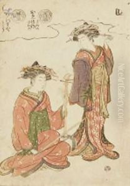 Chuban Tate-e, Deux Geisha, L'une Debout, L'autre Assise Jouant Du Samisen. - view 1