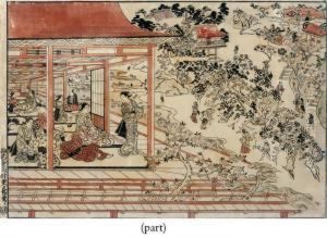 Figures Inside A Pavillion Looking by Nishimura Shigenaga