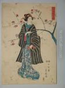 Une Jeune Femmedebout Tenant Une Pipe by Yanagawa Shigenobu