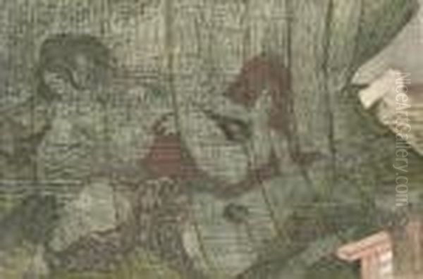 A Beautiful Mosquito Net Design Showing A Man And A Woman Engaged In An Erotic Encounter While A Second Women Sleeps With Her Legs Parted, From The Twelve Sheet Series Yanagi No Arashi (willow Storm) - view 1
