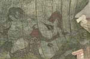 A Beautiful Mosquito Net Design Showing A Man And A Woman Engaged In An Erotic Encounter While A Second Women Sleeps With Her Legs Parted, From The Twelve Sheet Series Yanagi No Arashi (willow Storm) by Yanagawa Shigenobu