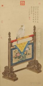 Depicting An Eagle Standing On A Screen Painted With Flowers by Lang Shih-Ning