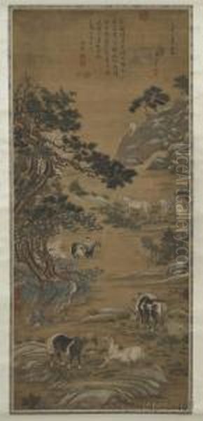 Depiction Ofbarbarians And Eight Horses In A Landscape With An Overarchinggnarled Pine Tree - view 1