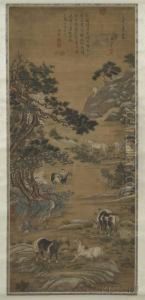 Depiction Ofbarbarians And Eight Horses In A Landscape With An Overarchinggnarled Pine Tree by Lang Shih-Ning