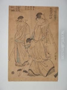 Trois Jeunes Hommestenant Des Rames by Momokawa Shiko