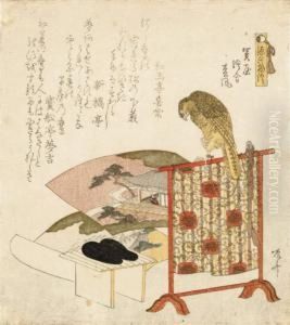 A Surimono Of A Falcon by Ryuryukyo Shinsai