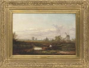 Two Figures Resting Beside A Stream, A Windmill Beyond by Benjamin Shipham