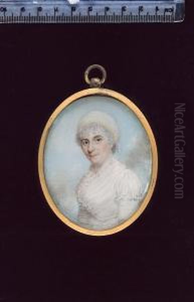 A Lady, Wearing White Dress With Frilled Trim And Bandeau Trimmed With Yellow In Her Powdered Hair - view 1