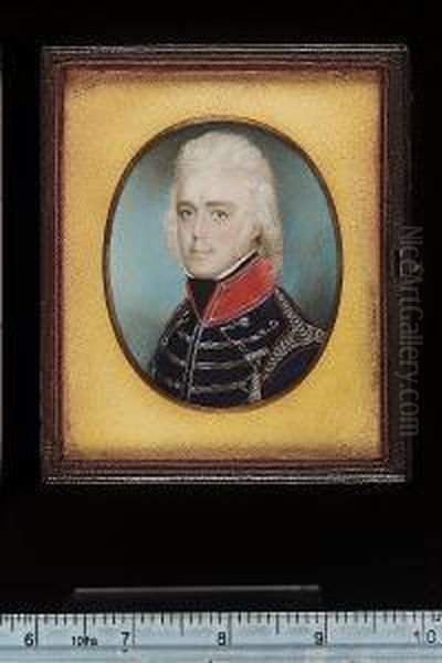 A Pair Of Portraits Of An Officer, Wearing Blue Coat With Red Collar, Silver Lace And Epaulette; And His Mother, Wearing Grey Silk Dress With Patterned Black Lace Shawl, An Indoor Bonnet Decorated With Bows Over Her Light Brown Hair - view 1