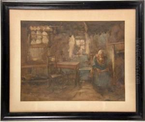 Depicting An Interior Scene With A Woman By A Fireplace by John Shirreffs