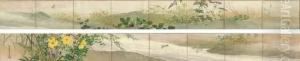 Autumn Grasses And Flowers; Reverse Of Each Screen With Silhouettes Of Mountains In Gold Leaf by Suzuki Shonen