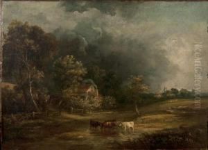 Cows Watering Before An Extensive Landscape Under Threatening Skies Cows Watering Before An Extensive Landscape Under Threatening Skies