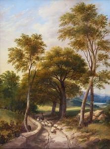 Shepherd And Flock In A Country Lane - view 1