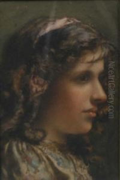 Side Profile Of A Pretty Young Girl With A Ribbon Inher Hair And With Floral Blouse - view 1